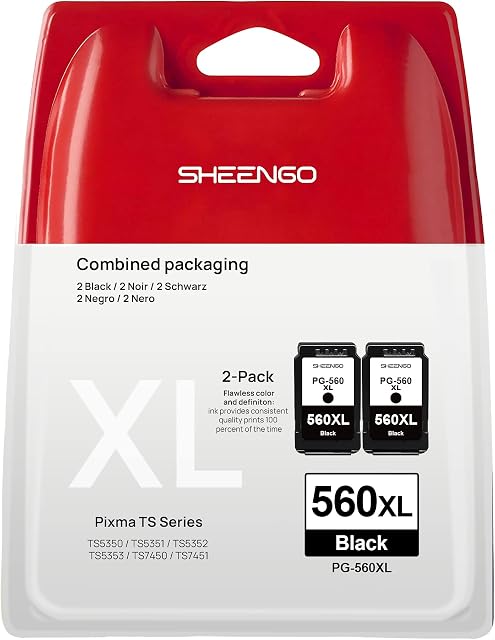SHEENGO High Yield Remanufactured 560XL Ink Cartridges Replacement for Canon PG-560XL 560 XL for Pixma TS5350 TS5351 TS5352 TS5353 TS7450 TS7451 (Black, 2-Pack)