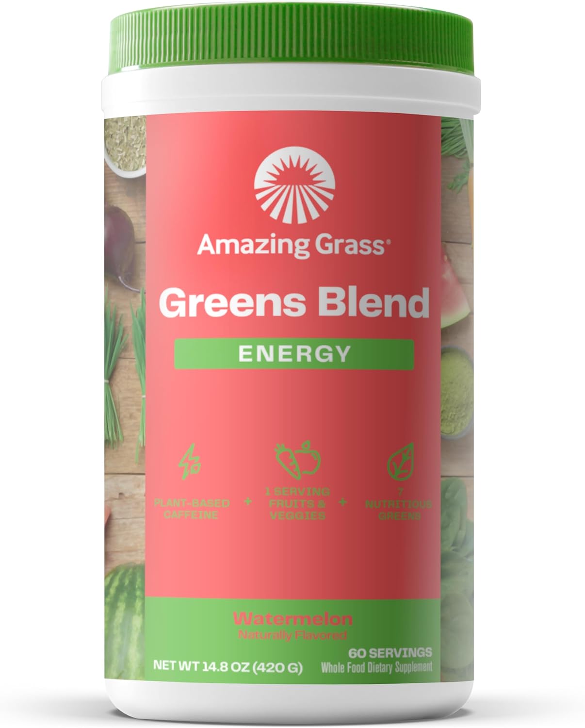 Amazing Grass Green Superfood Energy: Super Greens Powder & Plant Based Smoothie Mix, Caffeine with Matcha Green Tea & Beet Root Powder, Watermelon, 60 Servings