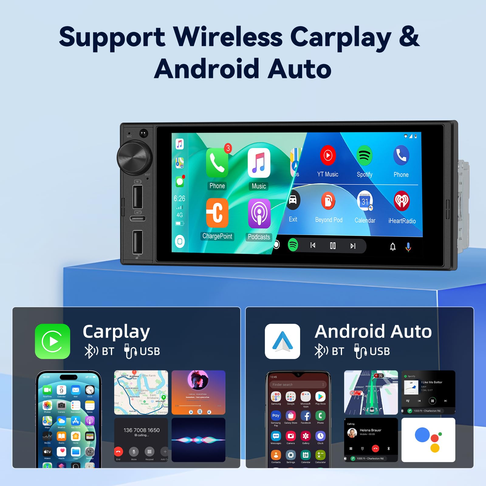 NHOPEEW Autoradio 1 DIN Avec CarPlay et Android Auto Sans Fil, Radio FM, commandes au Volant, Prise en Charge de la caméra de recul, Double Port USB + Type-C à chargement Rapide