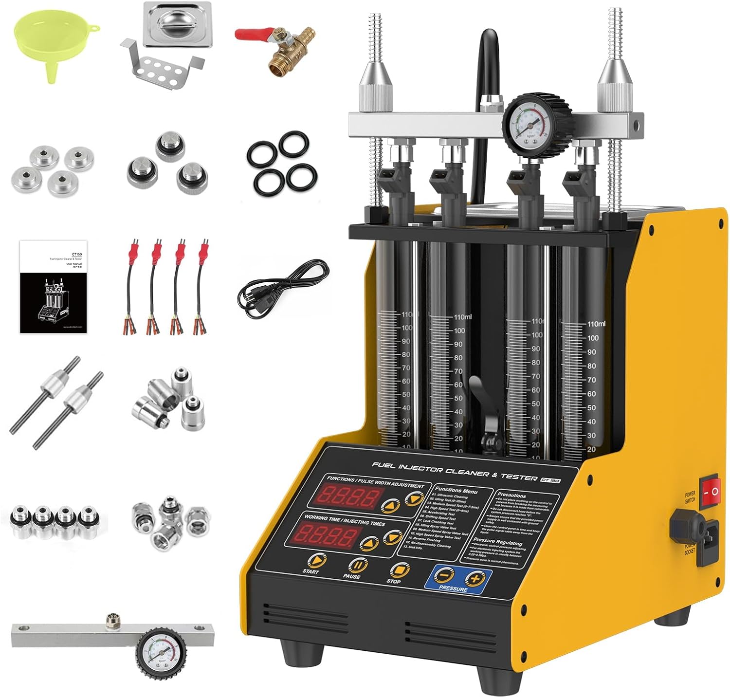 Automotive Fuel Injector Cleaner,CT150 Fuel Ultrasonic Injector Cleaner Tester,4-Cylinders Motorcycle Fuel Injector Cleaner Machine,Gasoline Direct Fuel Injector Cleaner Kit With 12 Functions 110V/220