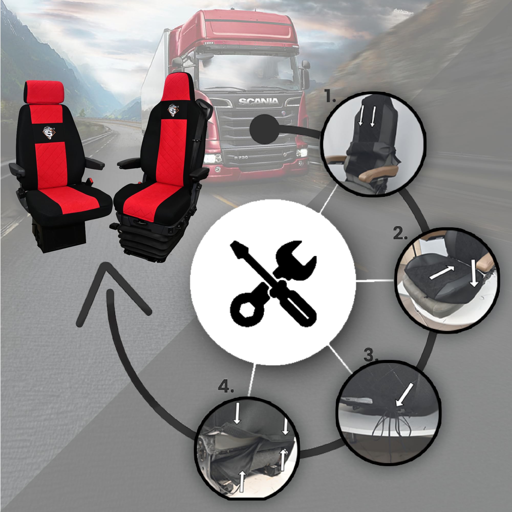 SABA Pokrowce na fotele dla SCANIA seria R od 2013, seria S od 2017, fotele różne 1pas, fotel kierowcy PREMIUM - KONFIGURACJA B - Czerwony Akcesoria do ochraniaczy siedzeń ciężarówek