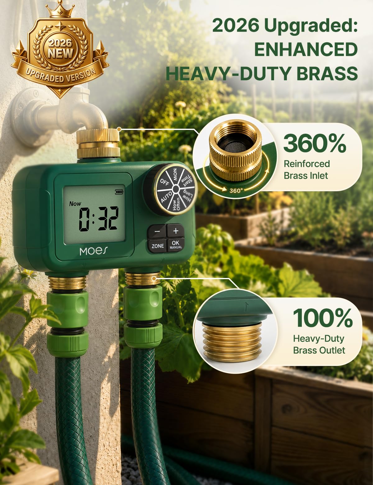 MOES Timer dell'acqua a 2 zone per tubo da giardino - Ingresso e prese in ottone da 3/4", timer indipendente a doppia uscita, controller di irrigazione programmabile con ritardo pioggia e modalità