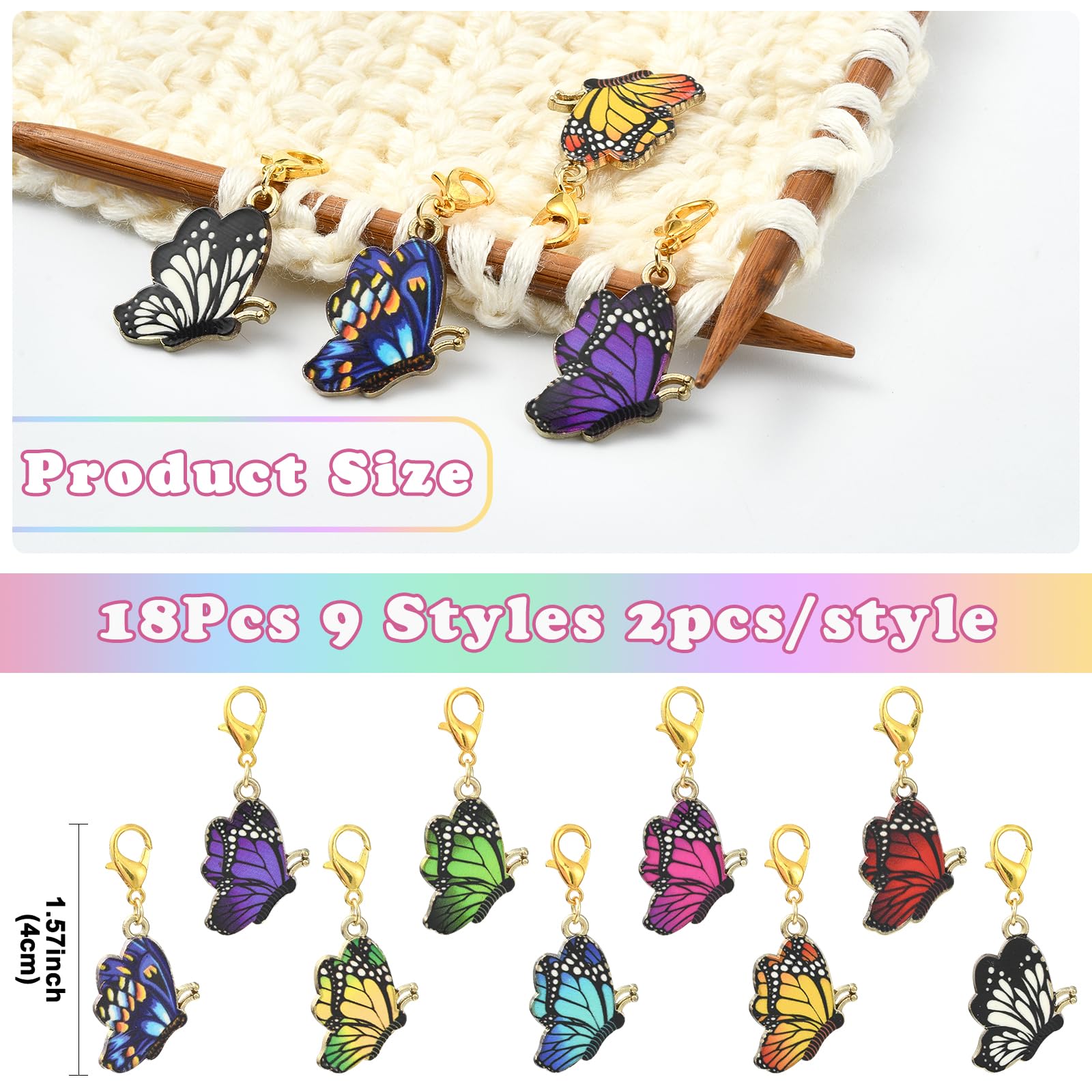 COGCHARGER 18Pcs 9Styles Butterfly Stitch Markers for Knitting Alloy Enamel Removable Crochet Knitting Markers with Lobster Clasp Charms for Sewing Weaving Accessories DIY Craft - Image 2