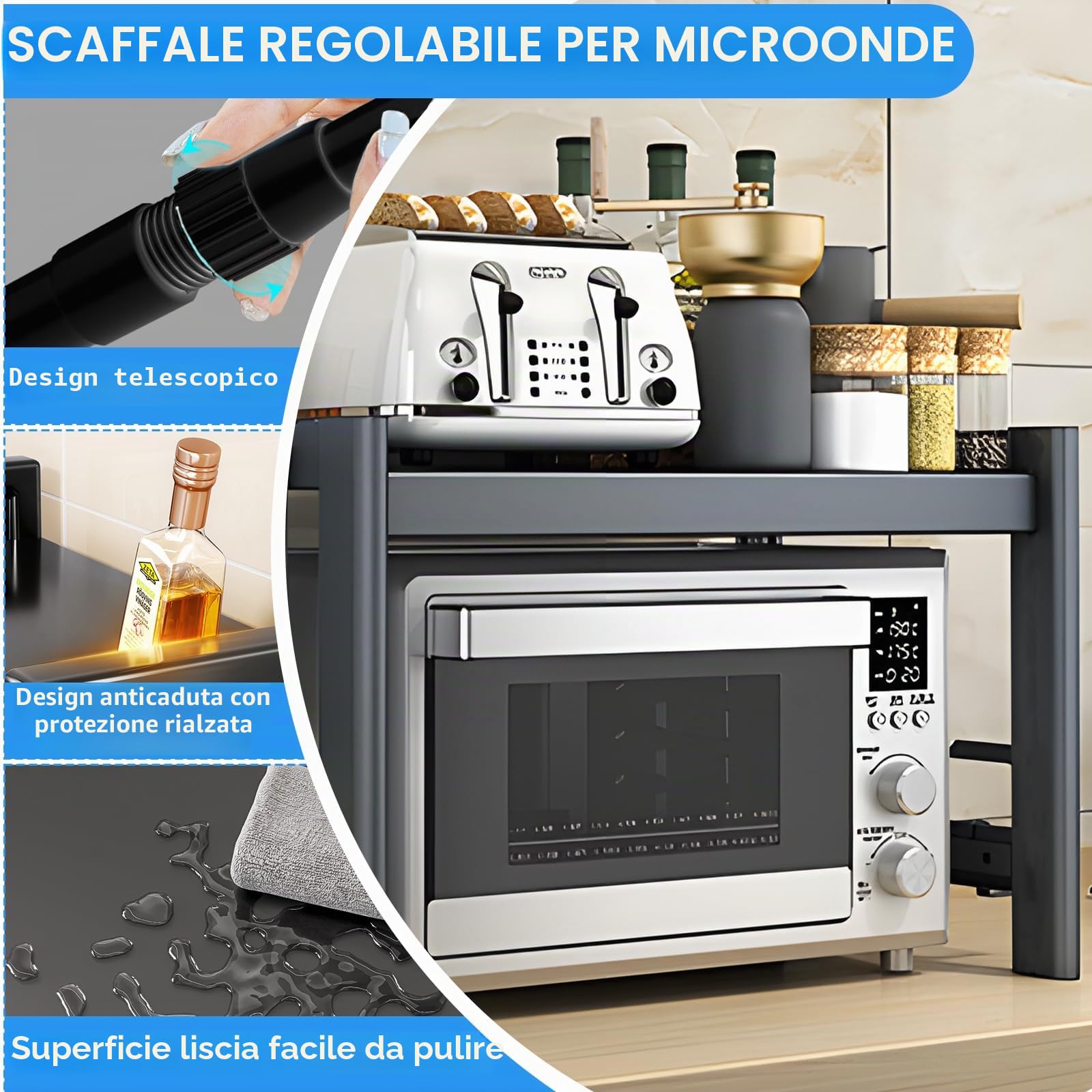 Mensola espandibile a 2 livelli, per microonde, per cucina, con 6 ganci, flessibile, allungabile da 40 a 64 cm, organizer da cucina, colore nero