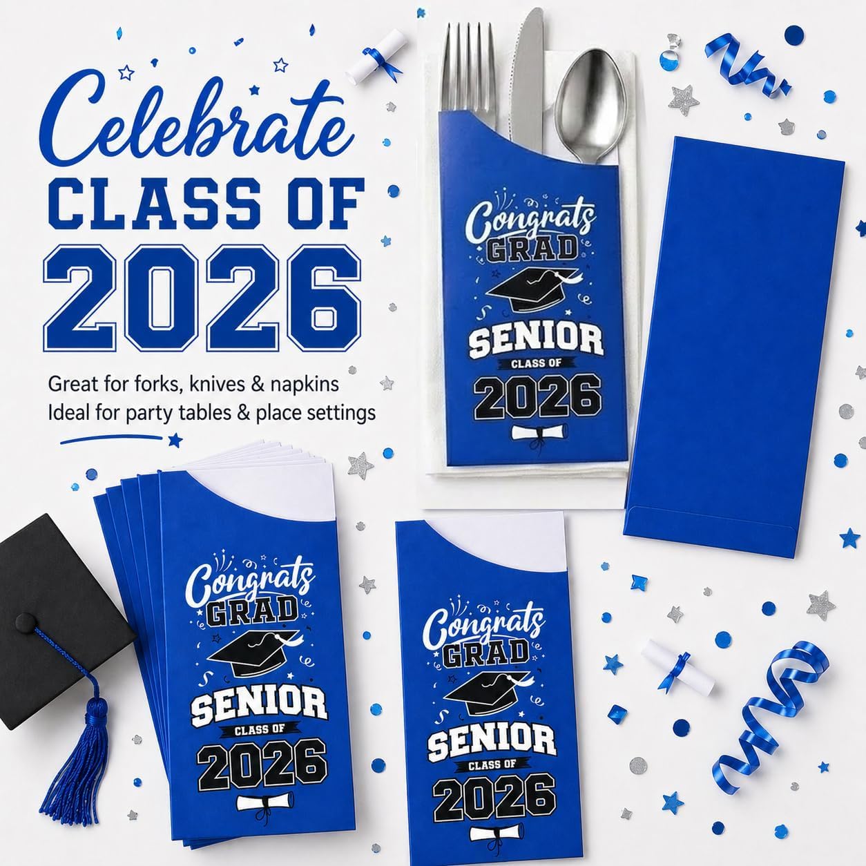 Graduation Cutlery Sleeves 2026, 100 PCS Royal Blue Paper Utensil Holders for Class of 2026 Graduation Party Supplies, Congrats Grad Senior Napkin Holders for Forks Knives Spoons, Gradn Table Decor