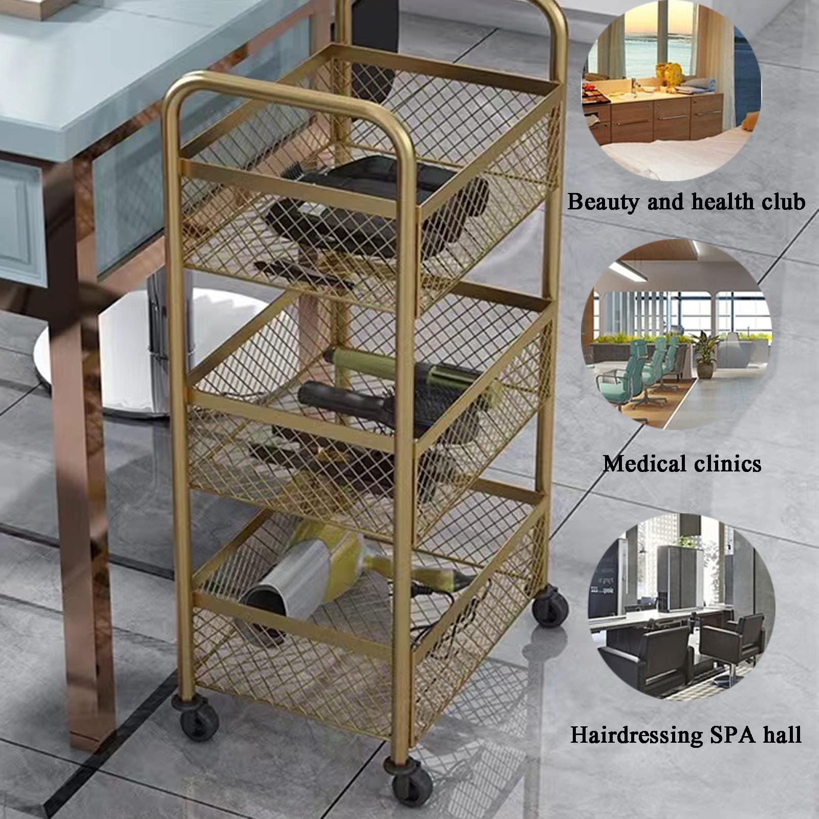 Genérico Carrito de salón con Ruedas de 3 Niveles, barandilla elevada, diseño de Drenaje Calado, Acero al Carbono, Hierro Forjado, Estante de Almacenamiento Multiusos, Acabado Plateado