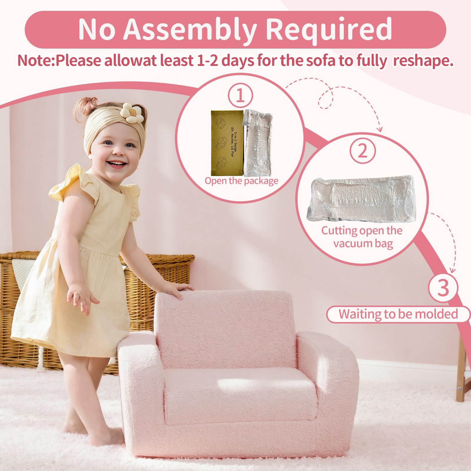 KidBloom 3 in 1 Fauteuil Enfant, Rose Canape Enfant en Tissu Sherpa, Meuble Enfants pour Filles