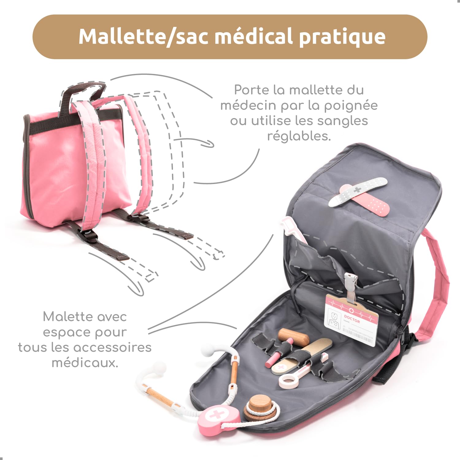 UMU® Malette Docteur Enfant en Bois – Kit Médecin 20 Pièces avec Stéthoscope, Accessoires de Dentiste, Blouse, Seringue et Plus, Jouet Docteur pour Enfants dès 3 4 5 6 Ans, Jeu d’Imitation Éducatif