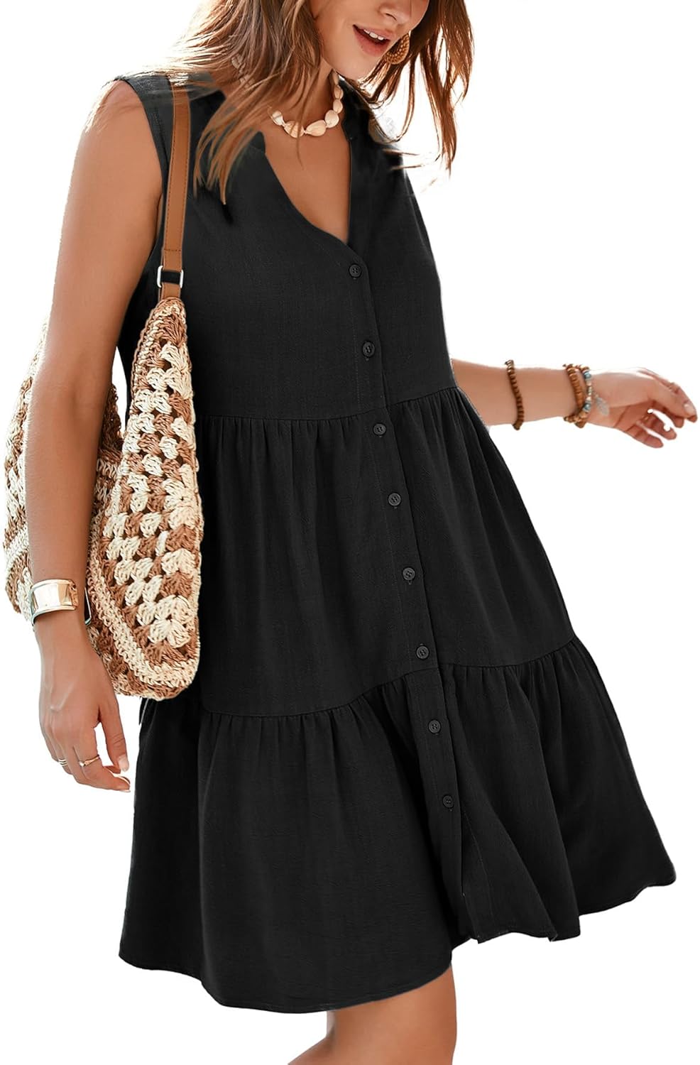 Simplee Womens Sleeveless Linen Summer Dress Casual Button Down Mini Dress Flowy Beach Sundress with Pockets