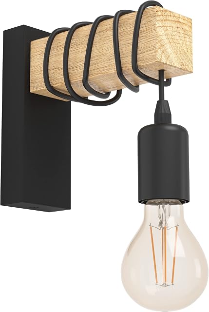 EGLO Townshend wall light, 1-flame vintage wall light with an industrial design, retro light made of steel and wood, Colour: Black, brown, Socket: E27