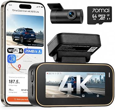 【800万画素4K超強暗視+64GB カード付属】 70mai Dash Cam 4K A810 Lite ドライブレコーダー 前後2カメラ HDR搭載 F1.55 超広角 超強暗視 GPS 常時録画 衝撃録画 駐車監視 日本語音声コントロール スマホ連携 パソコンと接続可能 技適認証済 全国LED信号対応ノイズ対策済 日本語取扱書 12V乗用車 24Vトラックとも対応 の商品画像