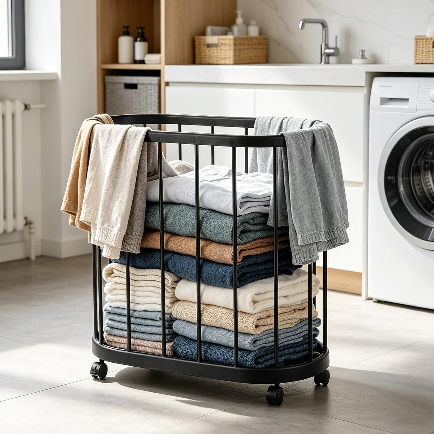 Rolling Laundry Basket with Wheels, Portable Metal Laundry Basket Cart, Capacity Upgrade Metal Cloth Basket Hamper for Laundry Living Room, Bathroom, Bedroom (Black)