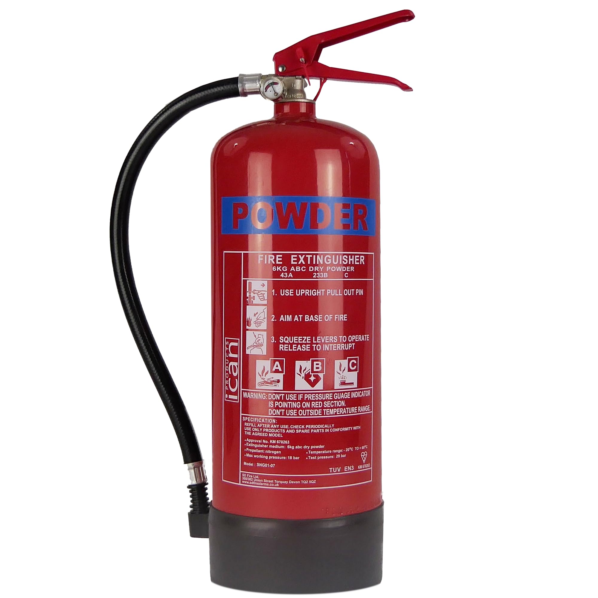Ican Products 6Kg Powder Fire Extinguisher For Class A, B & C Fires – Multi-Purpose Fire Safety For Warehouses, Workshops, Garages, Vehicles & Industrial Use With Wall Bracket