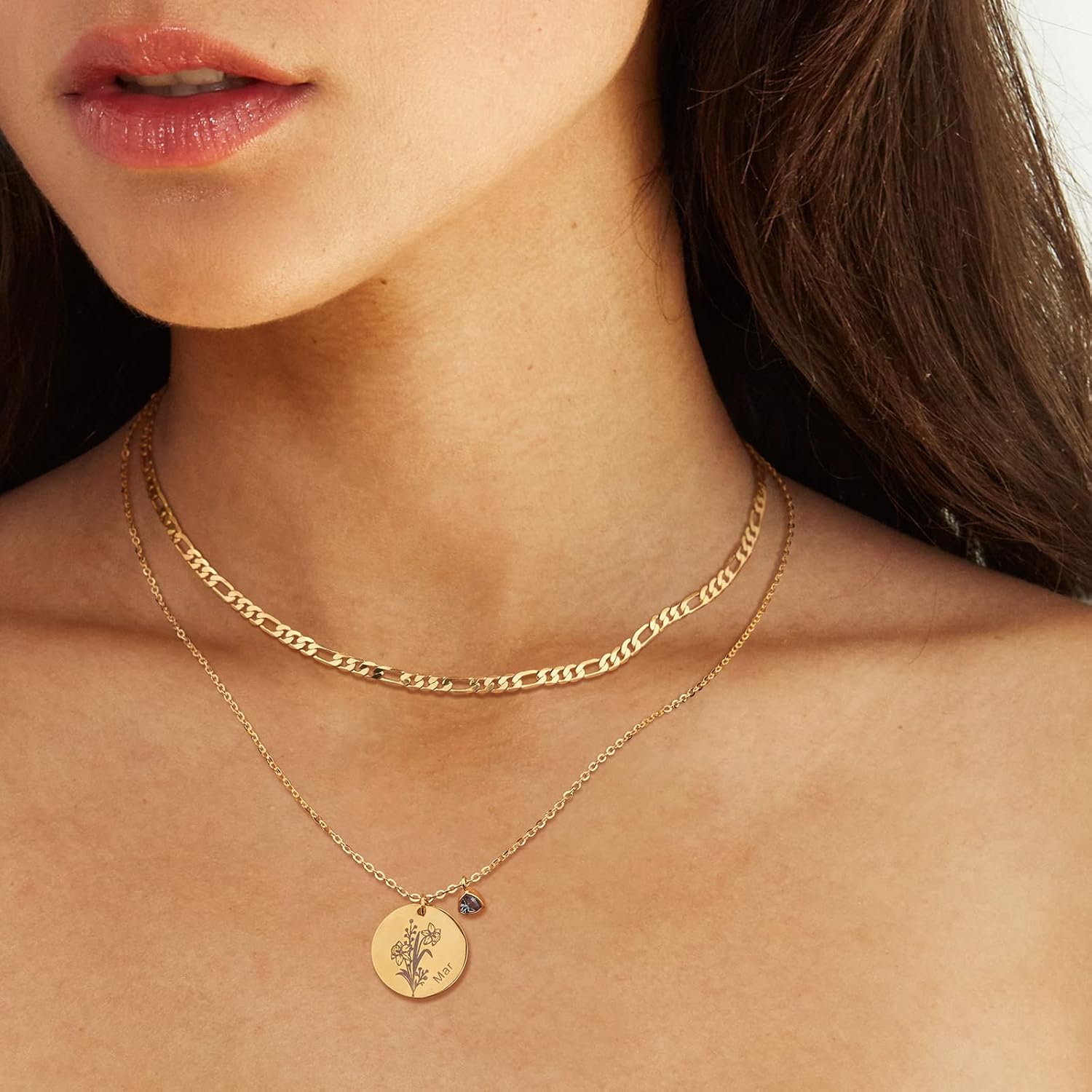 MTMY Birth Flower Necklaces for Women 18K Gold Plated Dainty Layered Birth Month Flower with Birthstone Pendant Necklaces Personalized Custom Floral Jewelry - Image 3