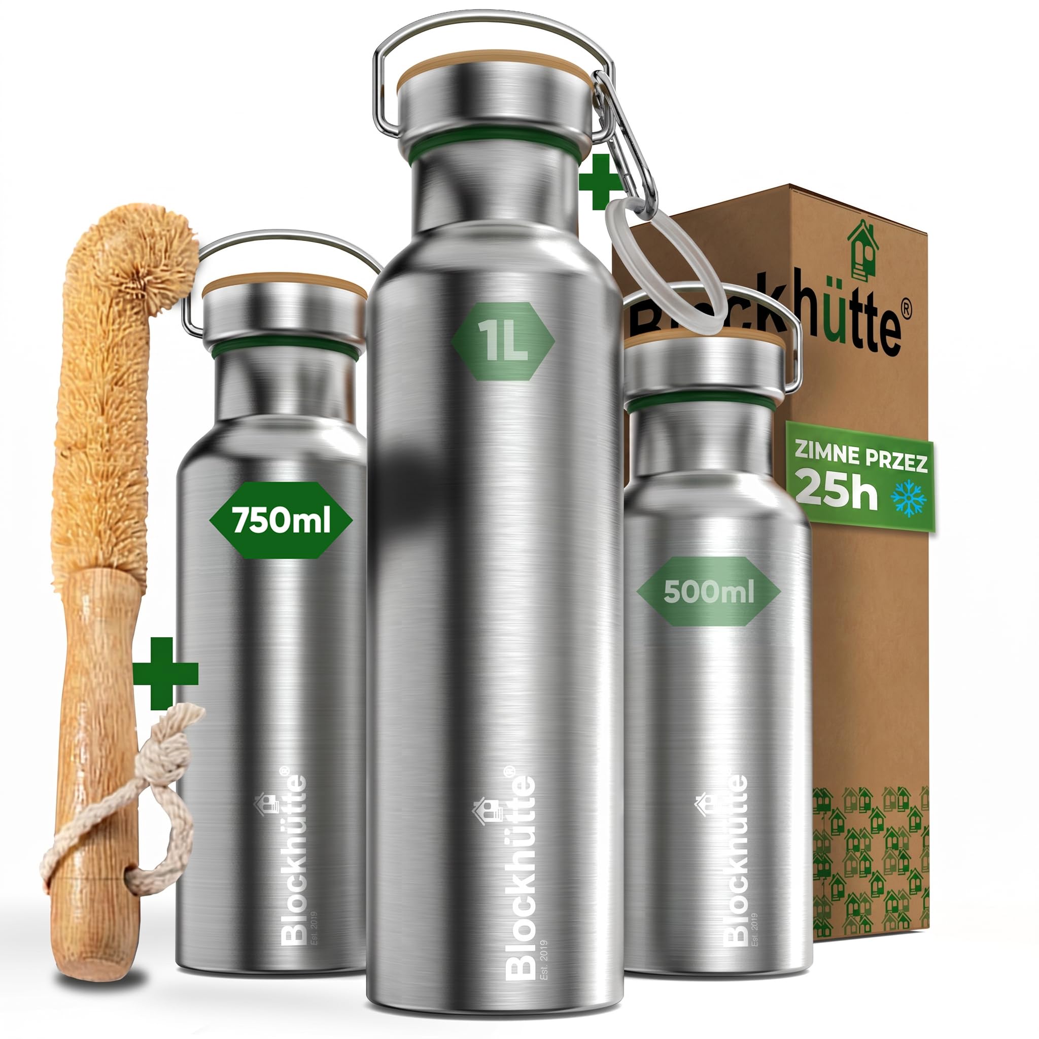 Blockhütte. Butelka na napoje, ze stali nierdzewnej, premium, izolowana, 750 ml, z ekologiczną szczotką do czyszczenia butelki, zabezpieczona przed wyciekiem, nadaje się do zmywarki, do sportu, bez bisfenolu A