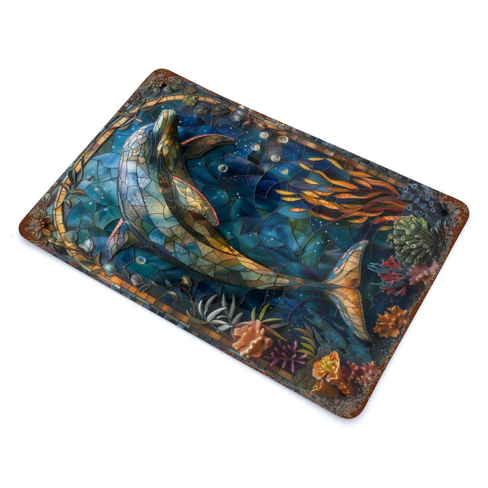 Decorative Tin Sign with Stained Glass Dolphin Design 11.8"x7.9", for Basement, Hobby Room And Garage Decor, Rustic Home Decor