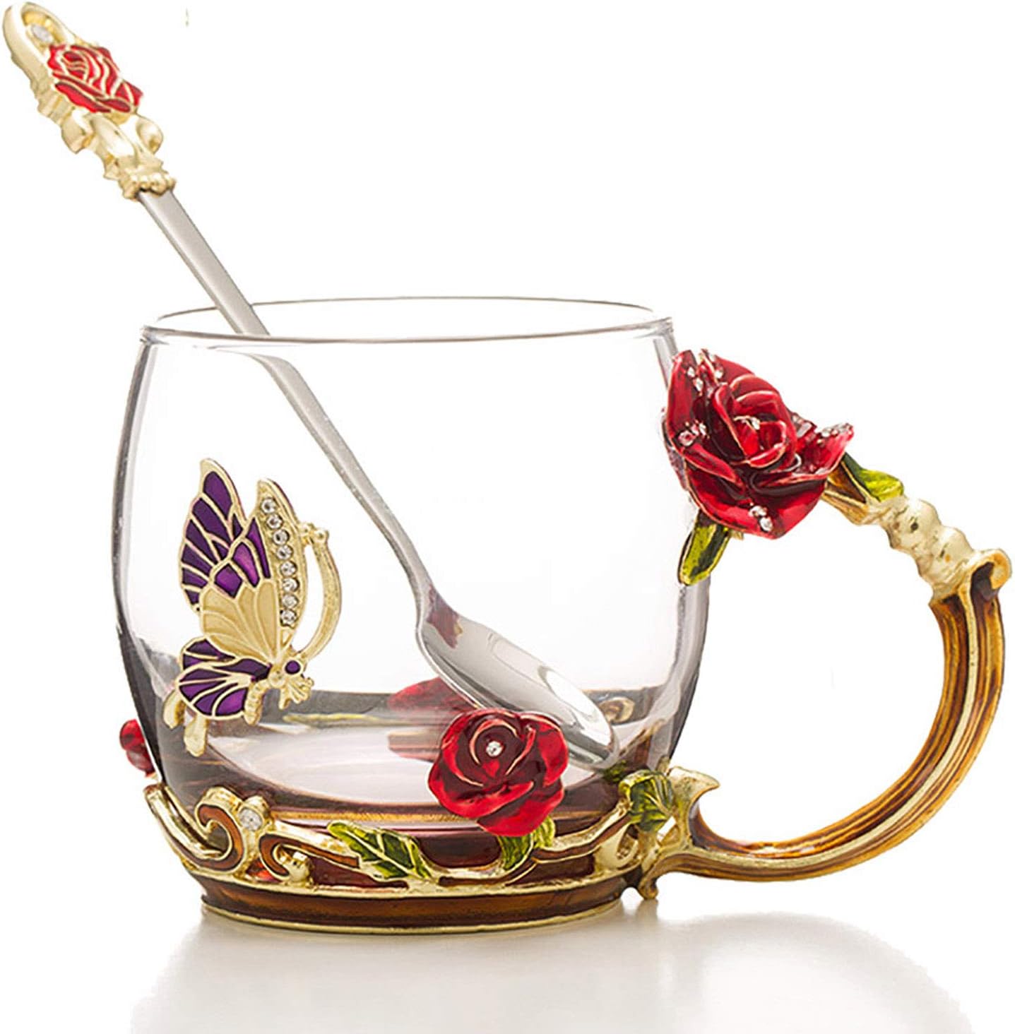 ArtioHipo Tea Cup, Coffee Mug Cups, Glass Coffee Cups Tea Mugs 2018 Handmade Butterfly Rose,12 oz (Rose) Ideal for Friend Wedding Anniversary Birthday Presents