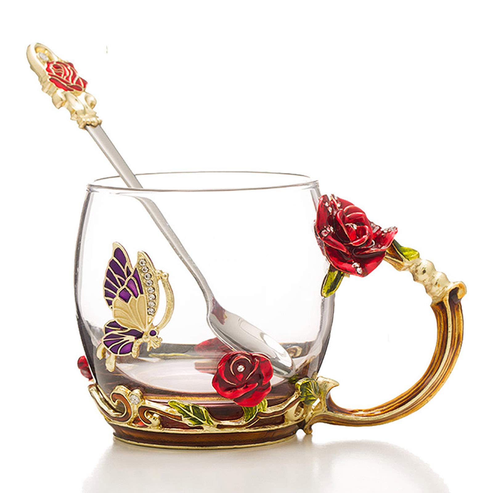 Tea Cup, Coffee Mug Cups, Glass Coffee Cups Tea Mugs 2018 Handmade Butterfly Rose,12 oz (Rose) Ideal for Friend Wedding Anniversary Birthday Presents