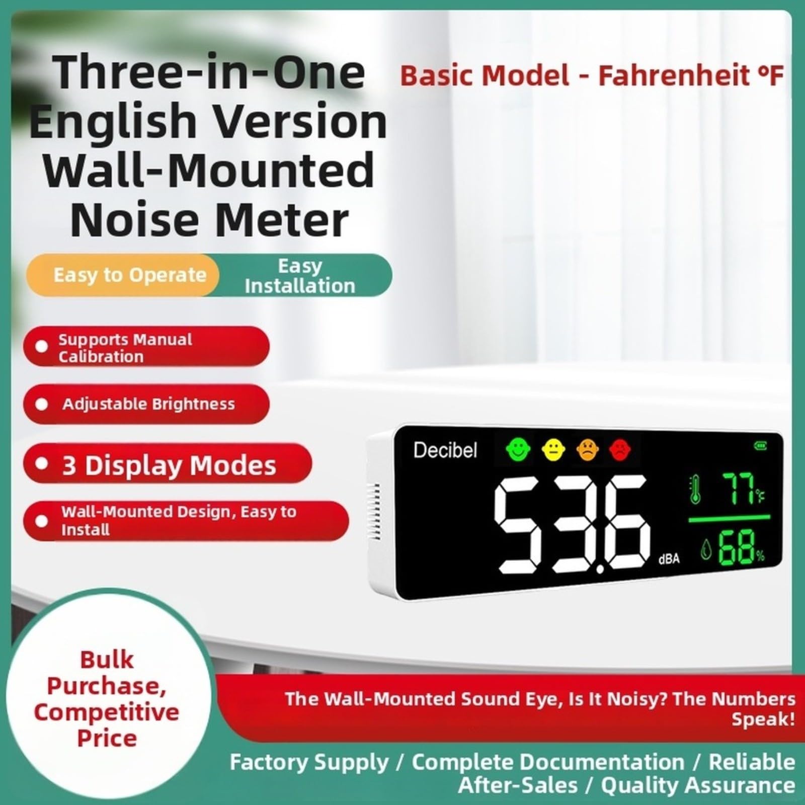 Misuratore di decibel 3 in 1 da parete per monitoraggio in tempo reale di rumore, temperatura e umidità, con indicatori visivi per ufficio, scuola, officina, ospedale (Fahrenheit)