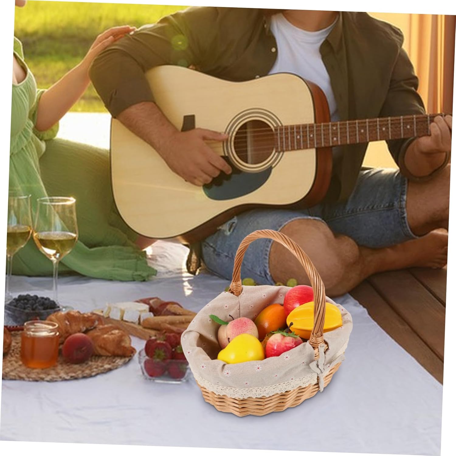 Rustic Handwoven Picnic Basket with Handle Lightweight Storage Basket for Outdoor Adventures Shopping and Fruit Storage Medium Natural Wood Color with Daisy Liner