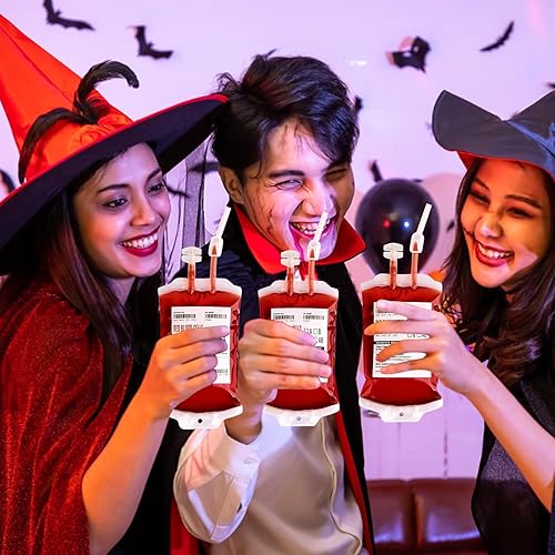 Miniatura 5 de UNIMEIX Paquete de 10 bolsas de sangre de Halloween para bebidas, bolsas de bebida de sangre falsa, bolsas reutilizables para bebidas intravenosas