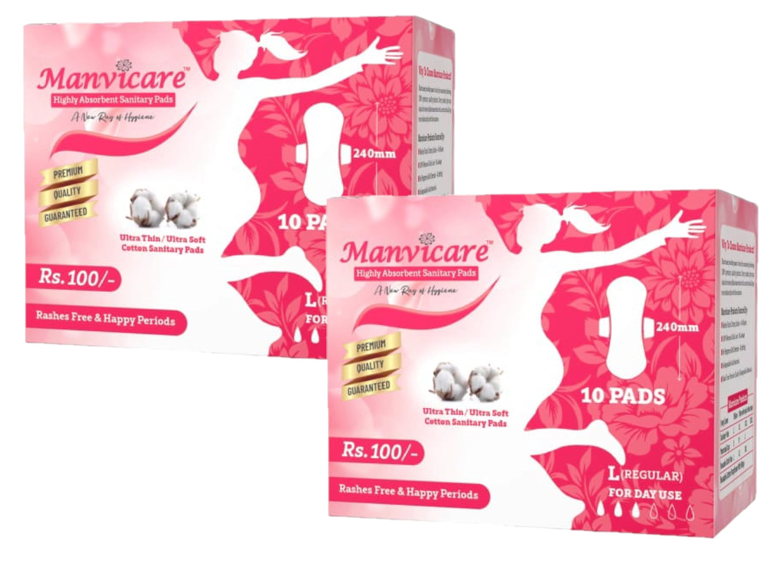 Manvicare Biodegradable Anion Cotton Sanitary Pads for Women - 20 Sanitary Napkins - Large (Regular)