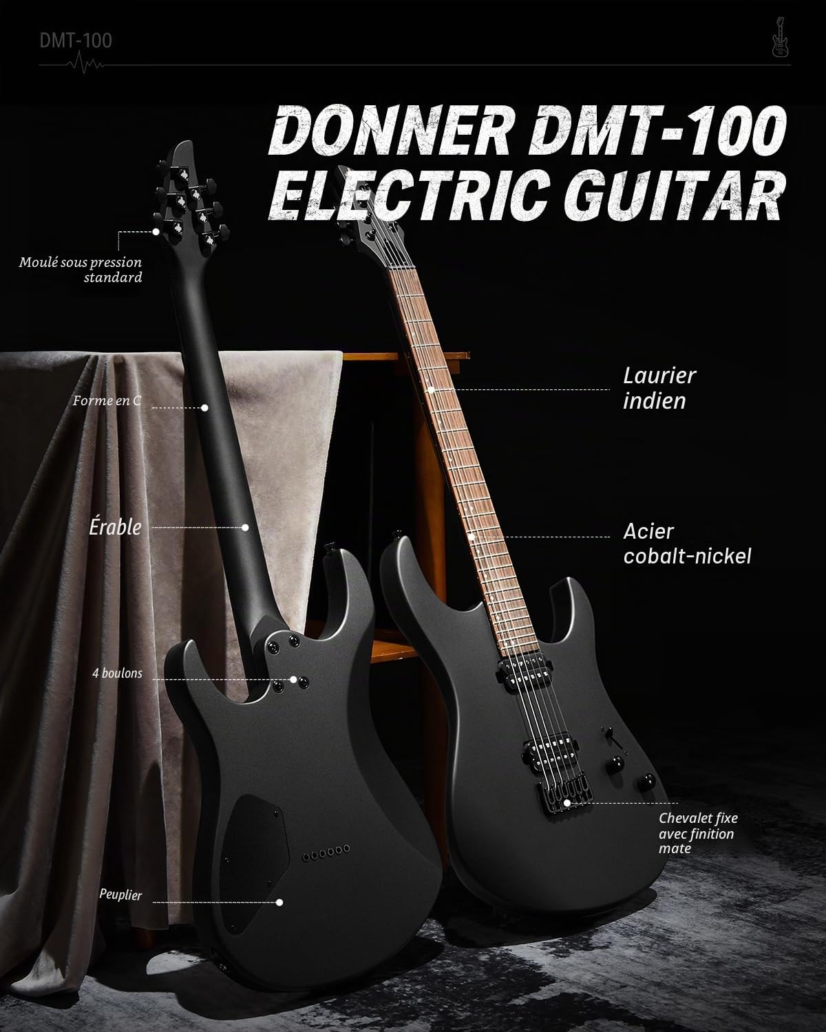 Donner Corps solide guitare électrique, DMT - 100 39 métal guitare électrique kit avec micros H - H, sac, cordes, sangles, câbles, amortisseur de cordes pour les amateurs de Rock (Noir mat)