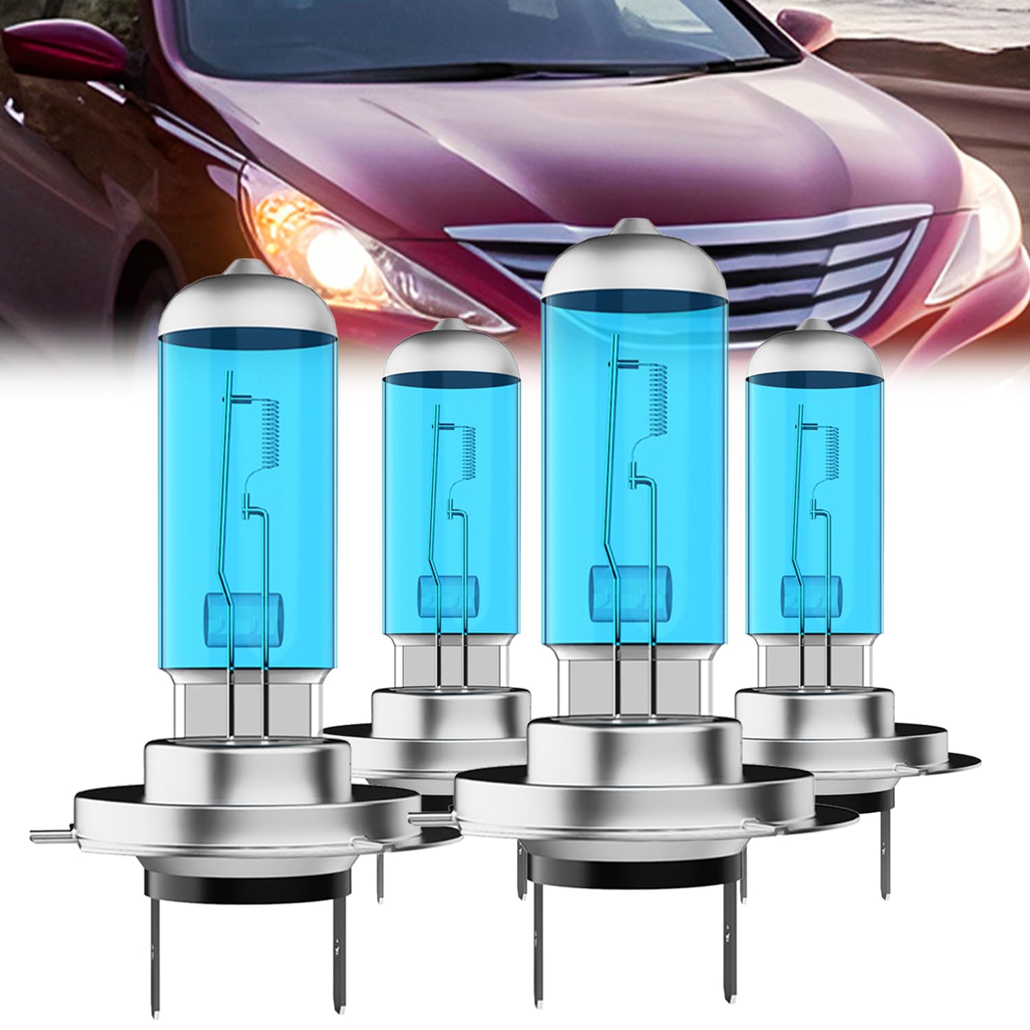 Headlight Bulbs Compatible With Hyundai Sonata 2011-2014, H7 High Beam + H7 Low Beam Halogen Light Bulb Combo, Super Bright 6000K White, Plug and Play, Pack of 4