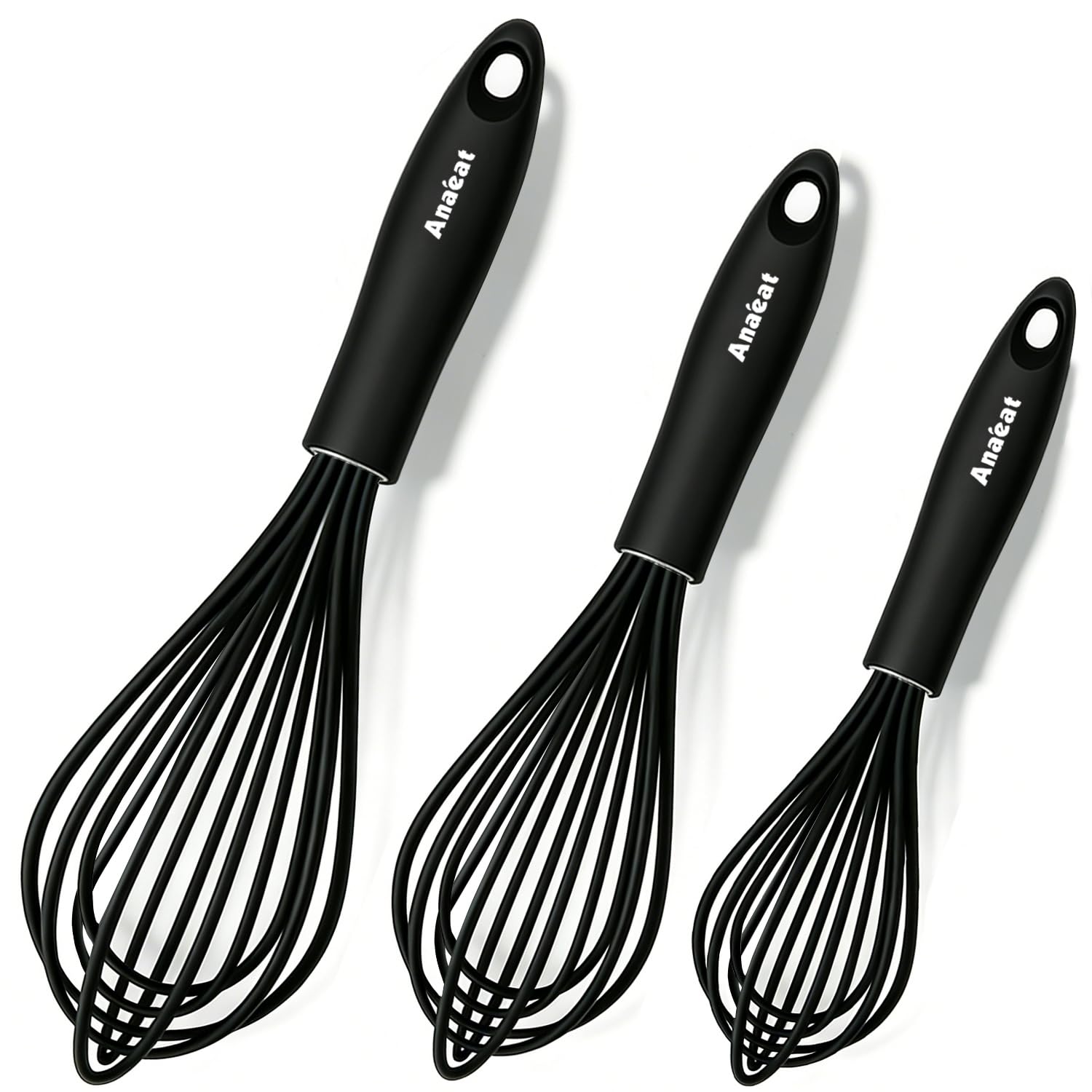 Anaeat Silicone Balloon Whisk, Perfect for Non-Stick Cookware, Milk and Egg Beater Blender, Heat Resistant Kitchen Whisks for Whisking, Cooking, Baking, Beating, Frothing &amp; Stirring (Black)