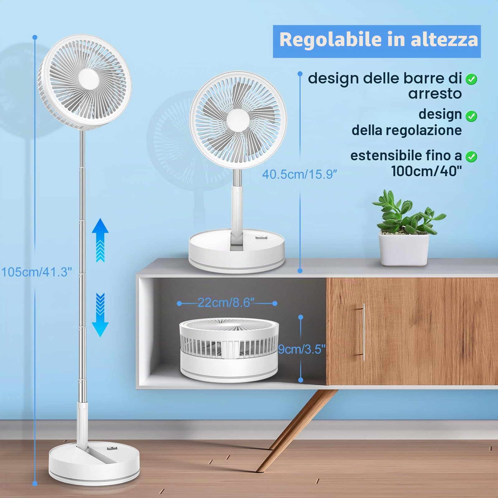LBSTP Ventilatore Portatile Ricaricabile 8000mAh – Silenziosissimo, Pieghevole, Oscillante e Inclinabile, 4 Velocità con Telecomando, USB Ricaricabile, 8.6 Pollici, Bianco – per Campeggio Viaggi