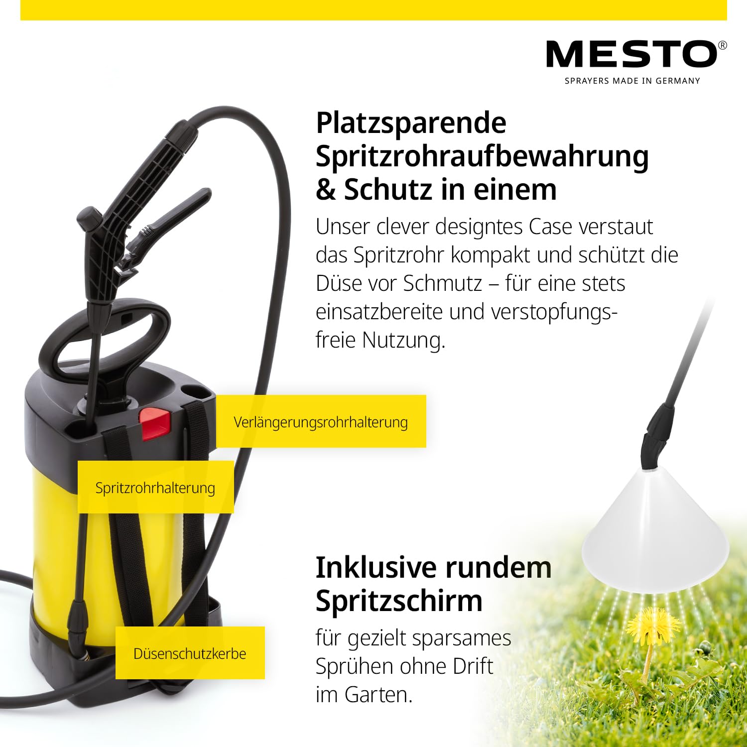 Mesto Flori COMPACT Drucksprühgerät 3L Set inkl. Spritzschirm rund | Drucksprüher 3 bar | Sprühflasche für Haus & Garten | Pumpsprühflasche für Pflanzen | Unkrautvernichter & Pflanzenschutz