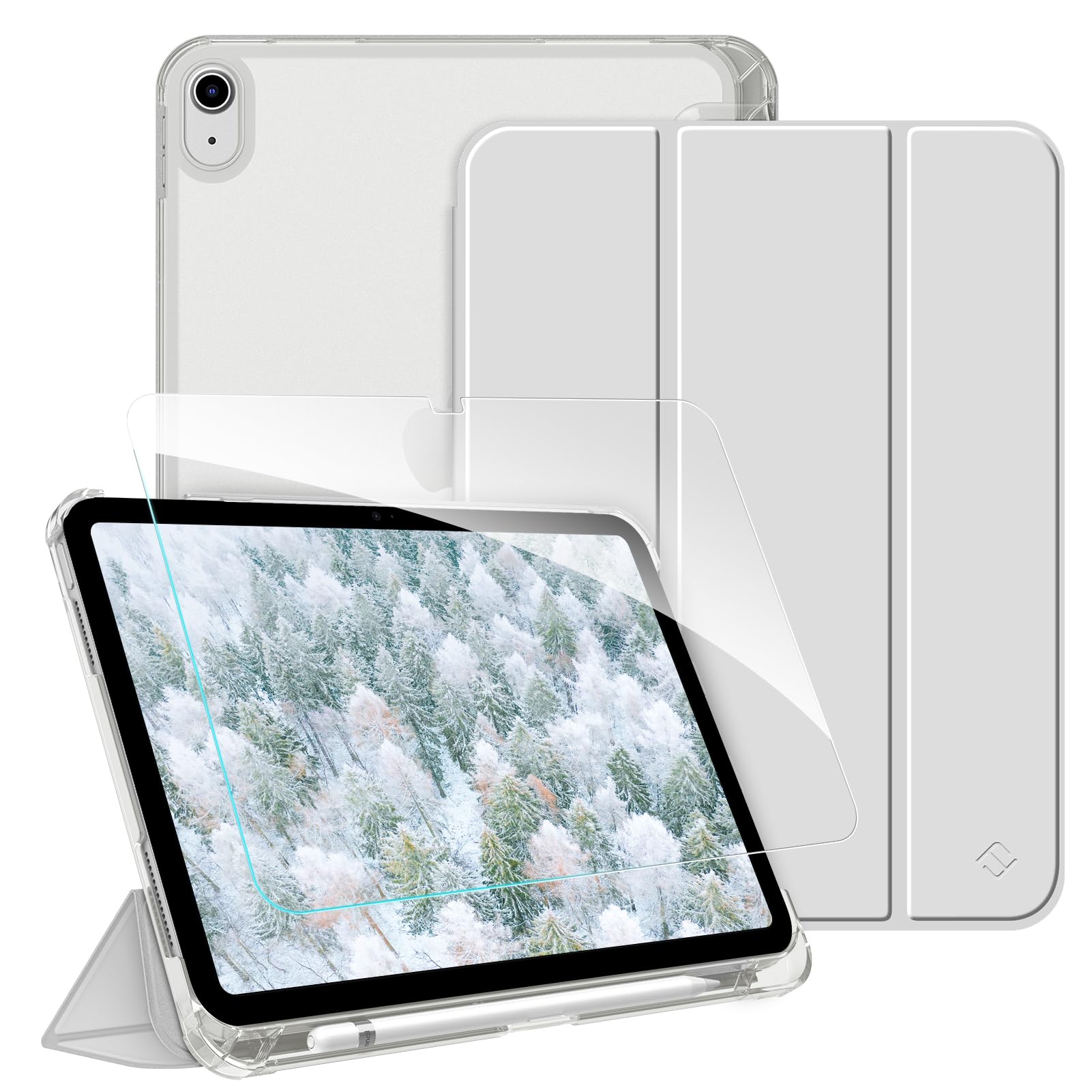 Fintie Hülle & schutzfolie-Set für iPad A16 11./10. Generation 2025/2022 (11/10,9 Zoll) | Integrierter Stifthalter, matt durchsichtige Rückseite, Klappständer, Auto-Wake/Sleep, Silber