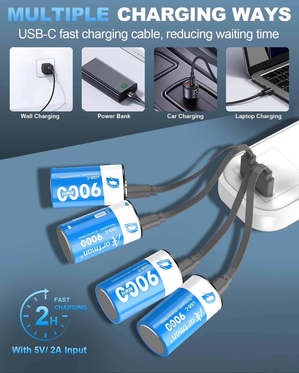 Artman - Confezione da 4 batterie ricaricabili al litio D, 9000 mWh, ricaricabili agli ioni di litio, con cavo di ricarica USB-C 2 in 1, batterie da 1,5 V, dimensioni D, per proiettori, scaldabagno
