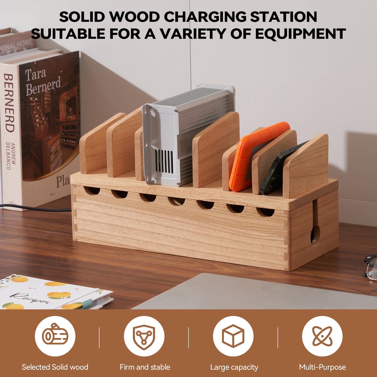 KIRIGEN Wooden Cell Phone Stand Charging Station Desktop Tablet Computer Charging Dock Holder Wood Desk Multi-device Cords Organizer Stand Charger Dock Cradle Rack for Home and Office(GDXH-NA) - Image 2