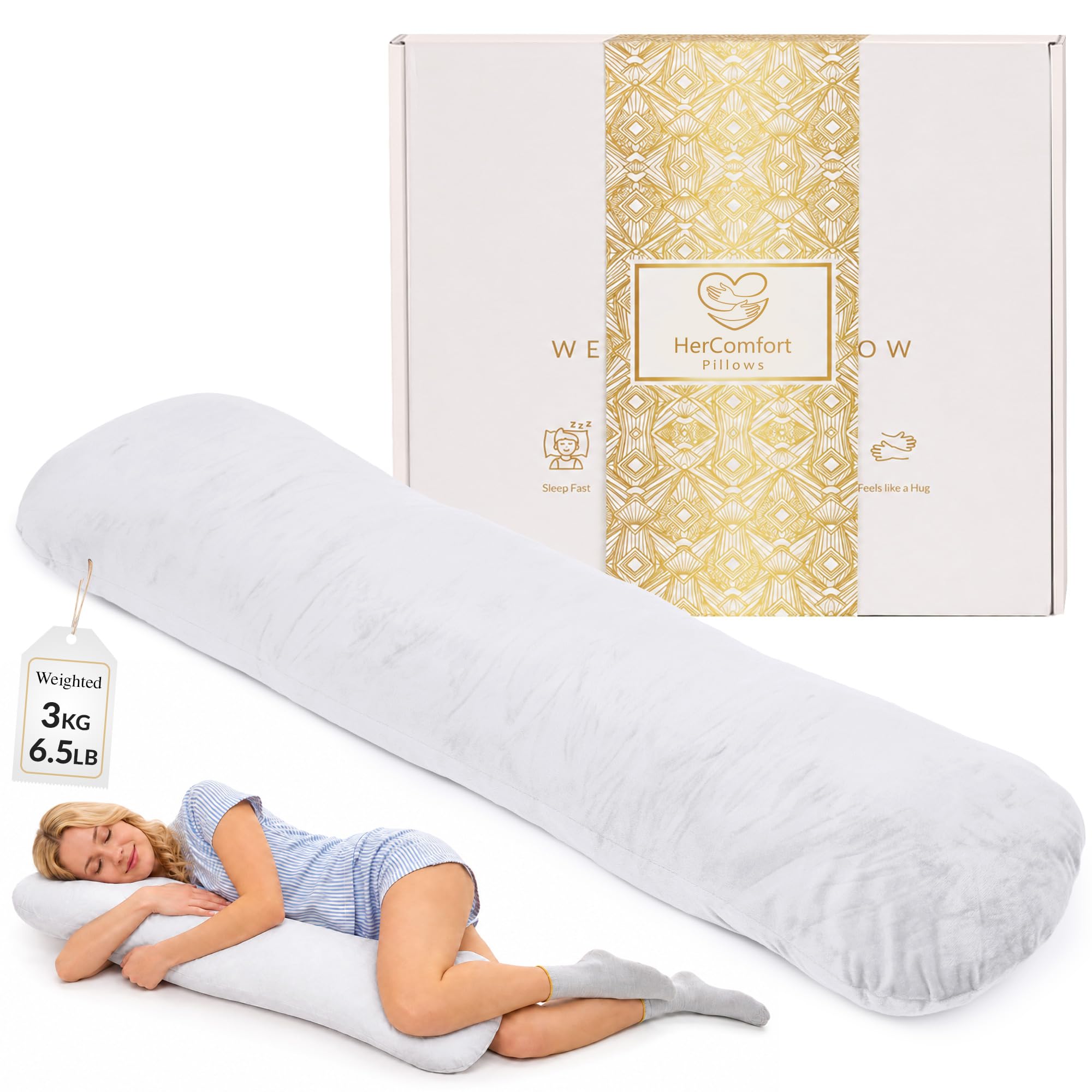 HerComfort Pillows Weighted Pillow for Adults 3 KG | 104 * 30 CM | Sleep Better & Feel Calm | Weighted Body Pillow | All-Season | Sleeping Hugging Pillows for Adults | Helps to Focus