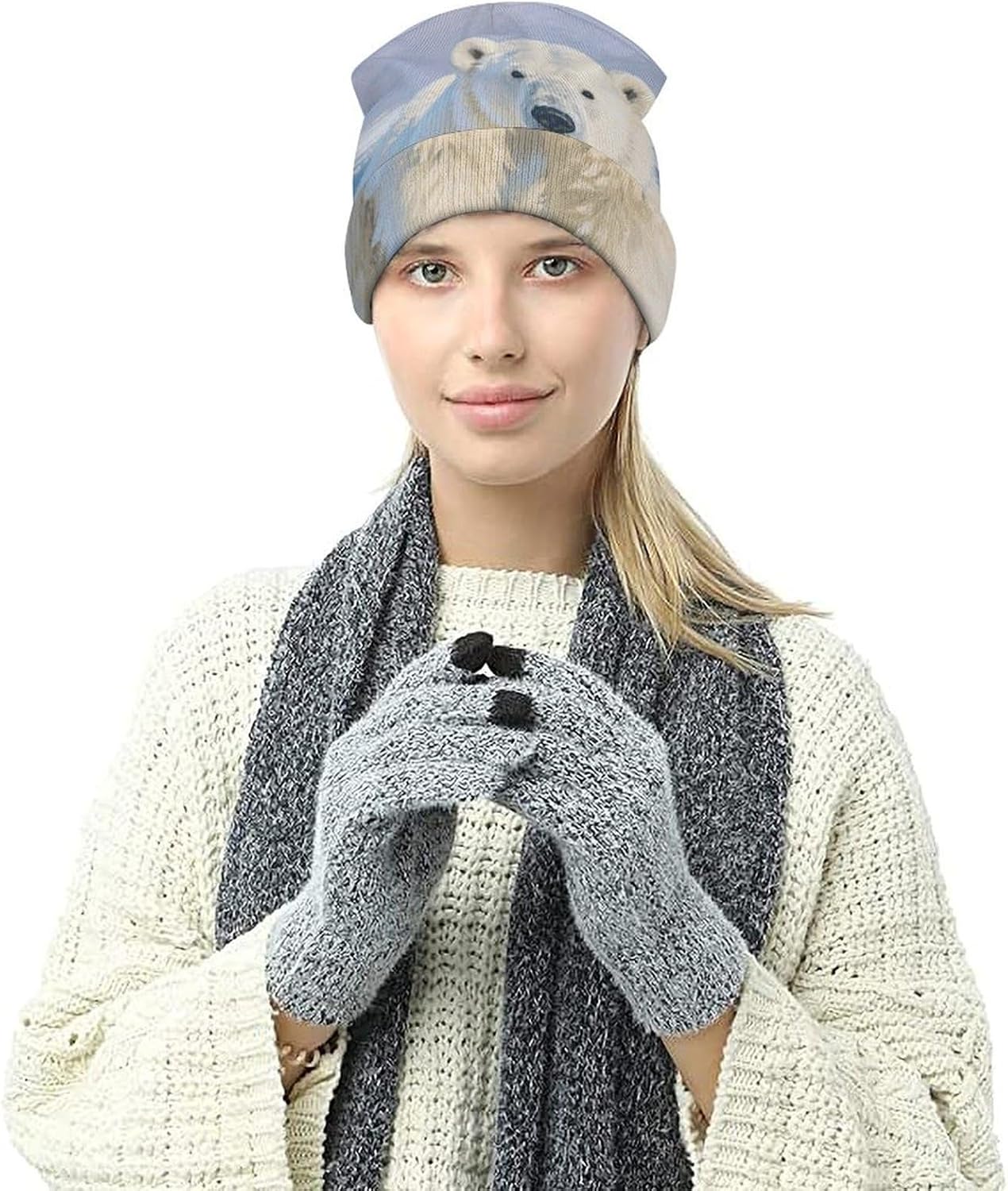 Arctic Polar Bear Winter Beanie for Men Women Cuffed Knit Skull Cap Warm Slouchy Hat for Outdoor White - Image 7