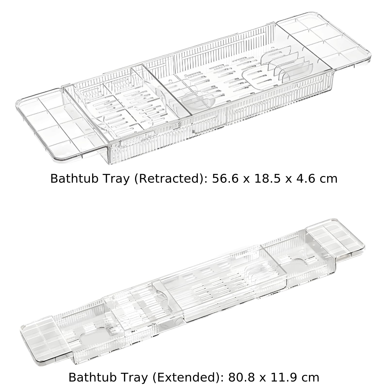 Bandeja de bañera, organizador de baño de plástico transparente expandible con soporte para copas de vino y tablet, retráctil de 22.3 a 31.8 pulgadas de longitud, almacenamiento multicompartimento