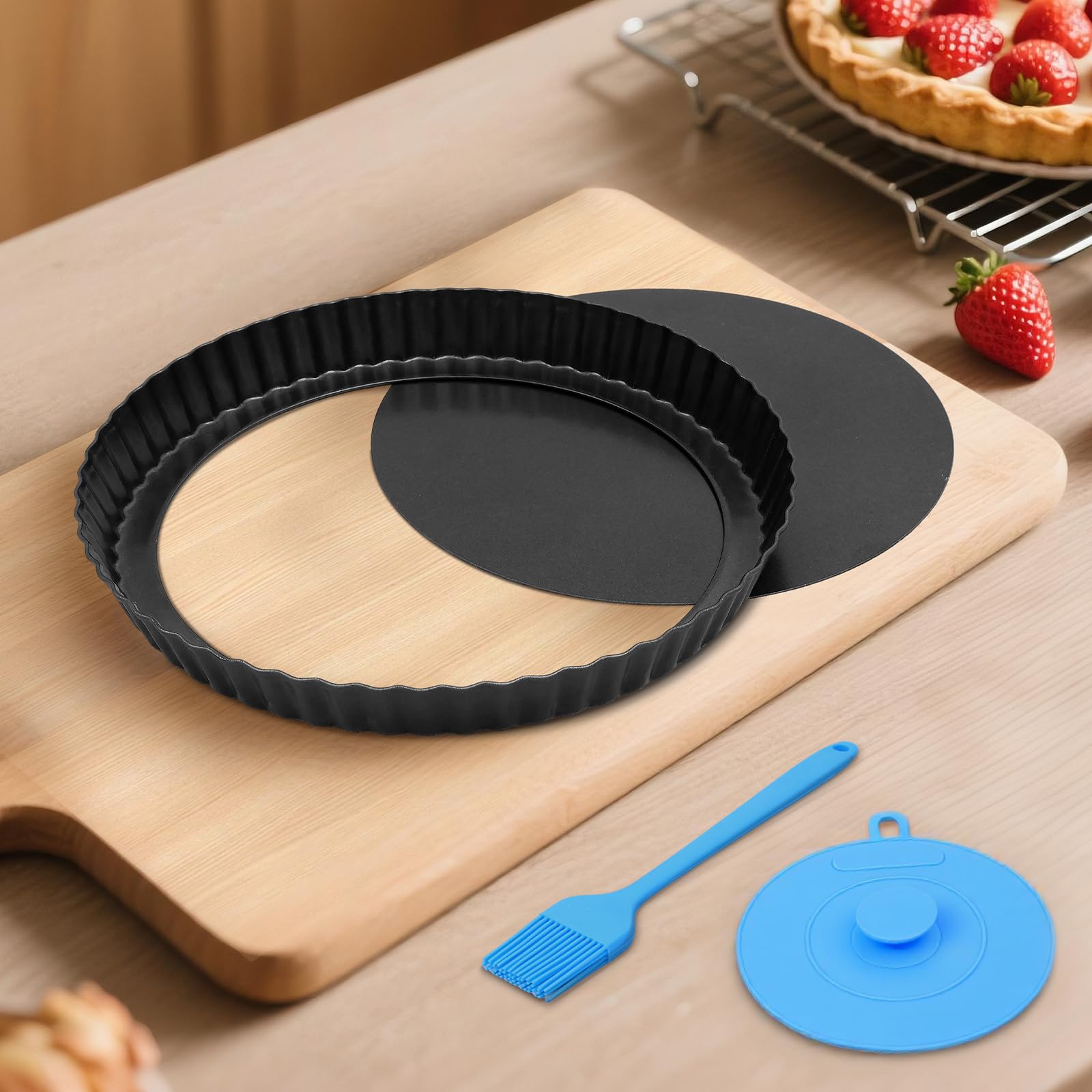 Quiche Pan 22cm / 8.7inch, Non-Stick Tart Tin, Flan Tins with Loose Base, Tart Pan for Baking, Quiches, Flans, Fluted Round Pie Dish, Pie Pan, Quiche Dish, Carbon Steel,Dark Grey