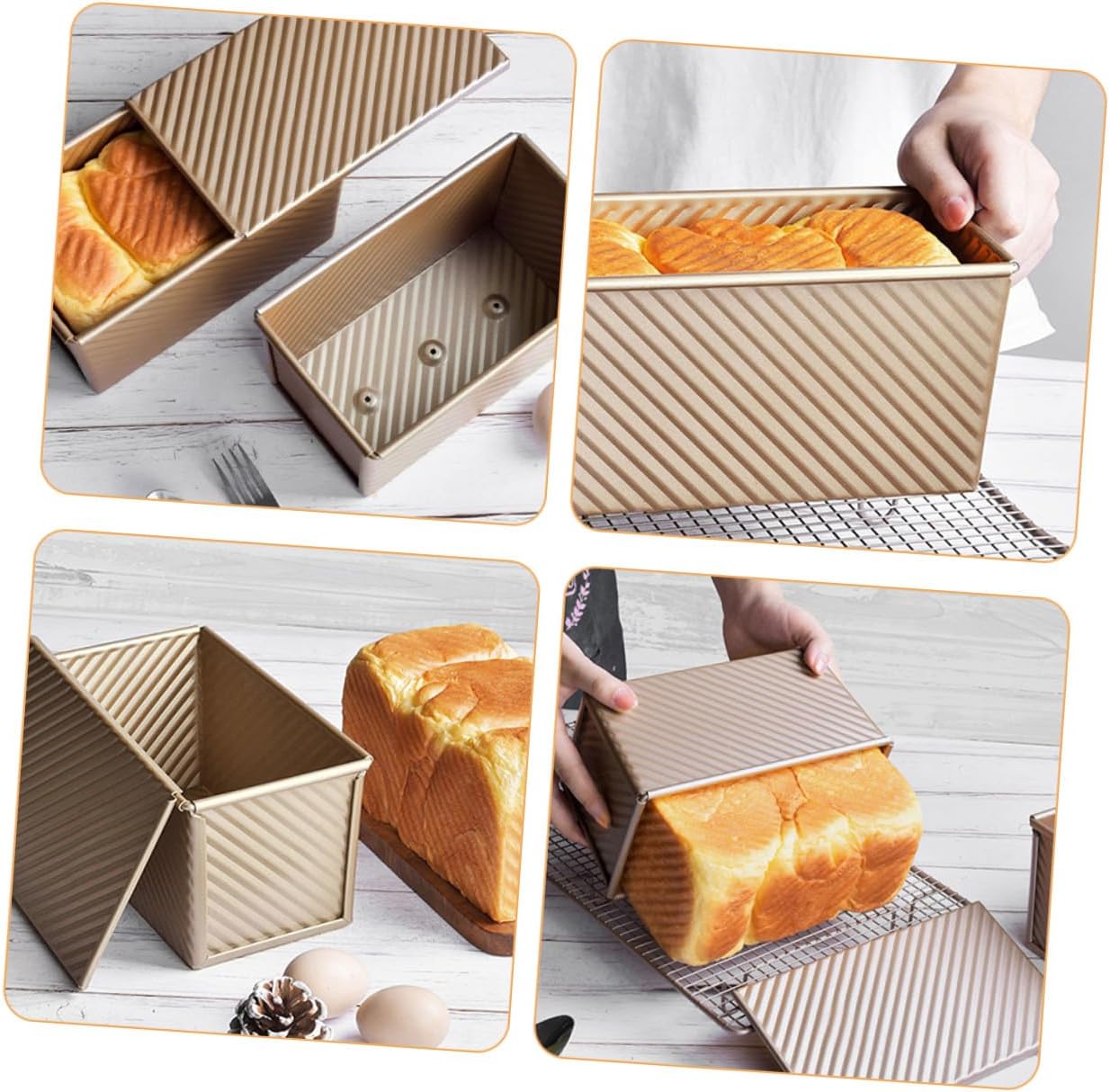 VOSAREA Nonstick Loaf Pan with Lid 450 Gram Pullman Bread Baking Mold Set, Gold Sliding Cover Toast Pan for Oven Baking, Household Bread Toast Mold, 2pcs Bakeware Kit