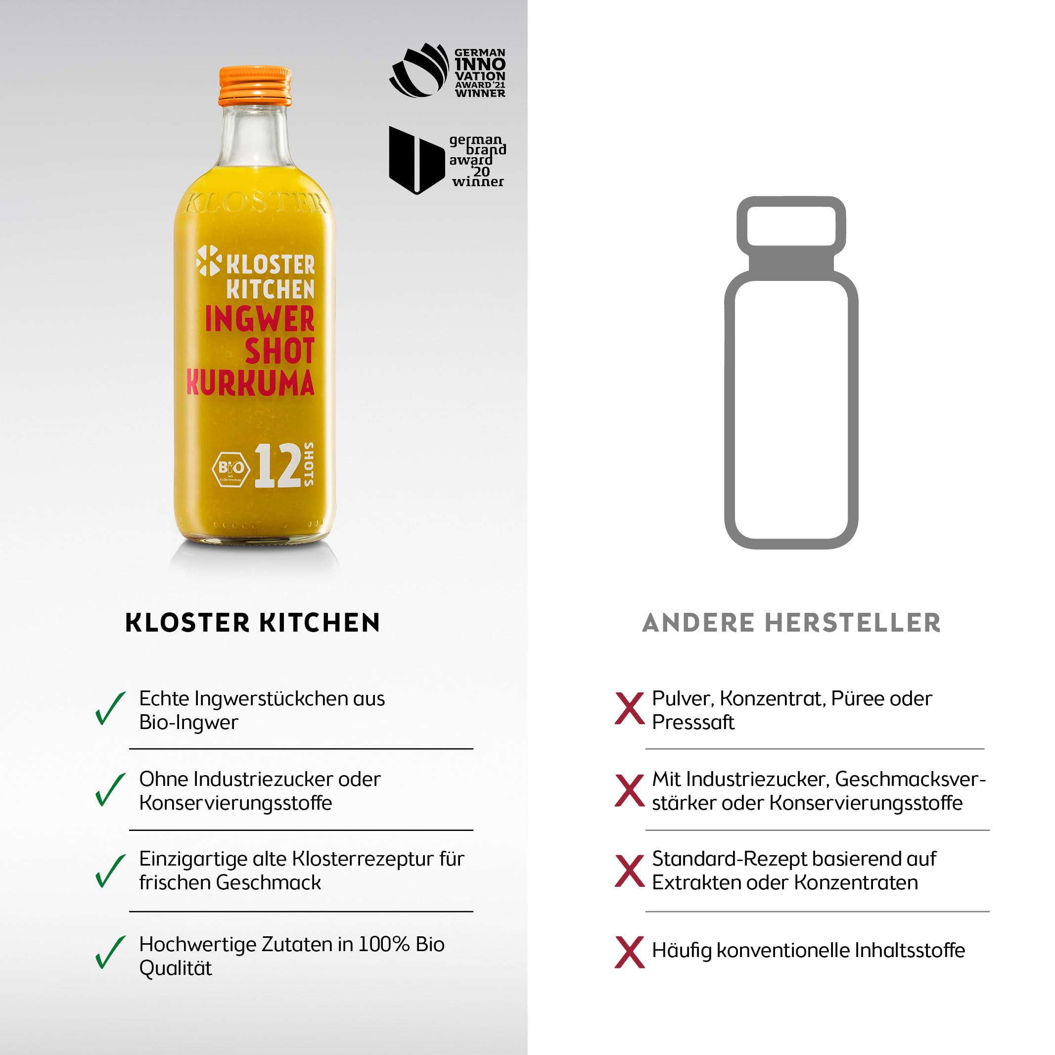 Kloster Kitchen Organic Ginger Shot Turmeric 12SHOTS 6x 360 ml con trozos de jengibre auténtico, en botella de cristal, vegano sin aditivos y con dulzor natural (incl. 1,50 € de depósito)