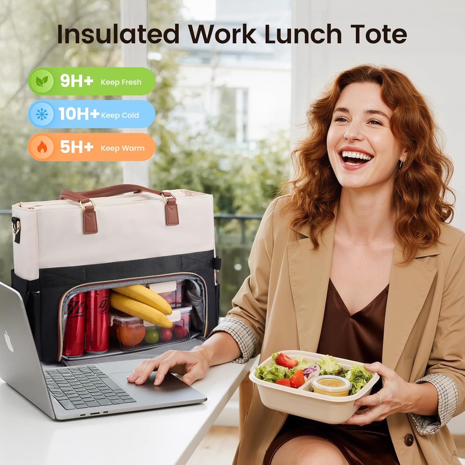 LOVEVOOK Lunch Tote Bag for Women, Work Bags with Insulated Lunch Compartment, 15.6 Inch Laptop Bag with Large Cup Holder, Teacher Nurse Tote Handbag with Multi Pockets for College, Office, Travel