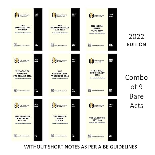 Combo of 9 Bare Acts As per AIBE Guidelines Constitution of India Contract Act IPC CrPC CPC Evidence Act Specific Relief Act Limitation Act Transfer of Property Act 2022 Edition