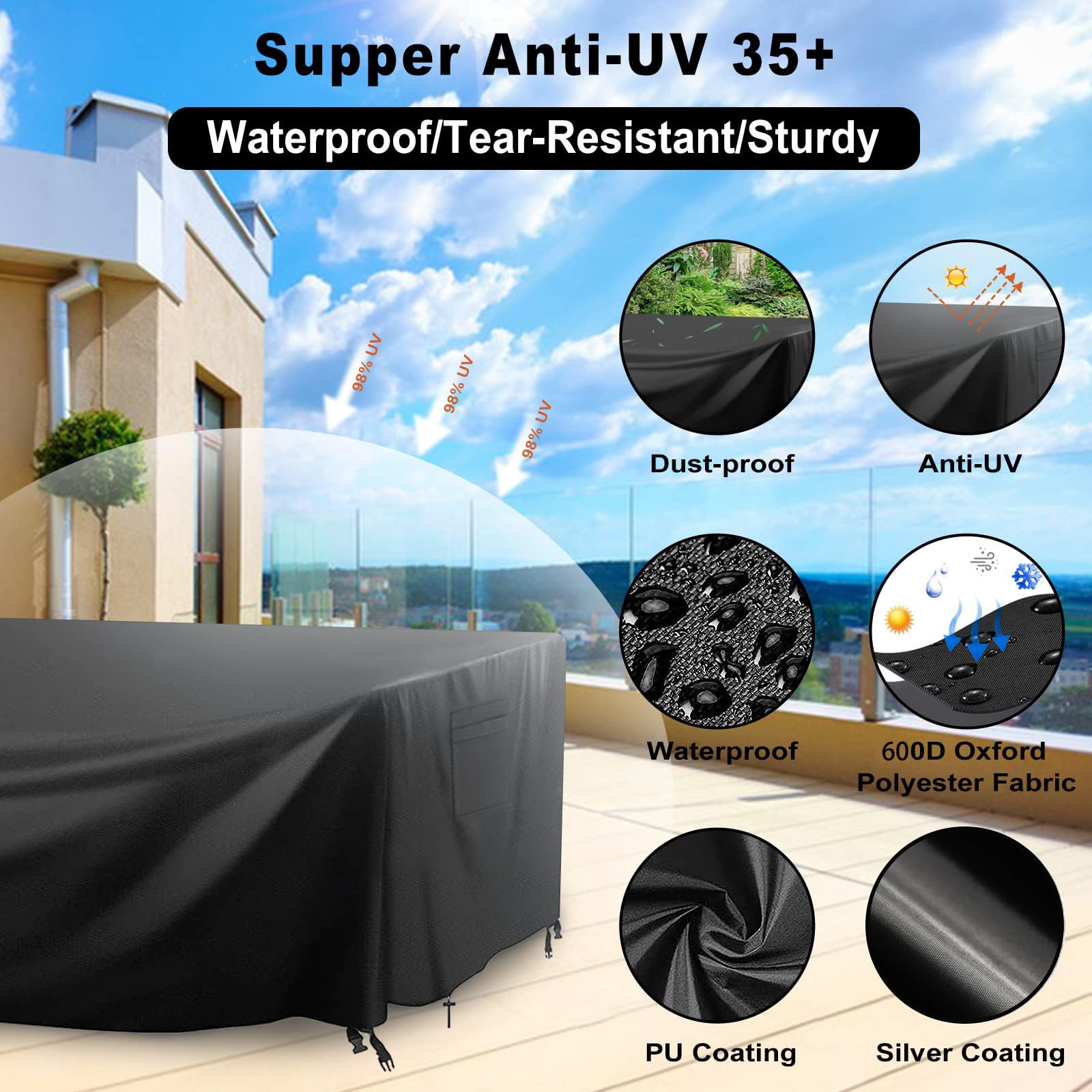 Funda Mesa Exterior Impermeable, 420D Tissu Oxford Funda Muebles Jardín, Resistente Al Agua, Al Polvo Y A Los Rayos UV, Lonas Impermeables