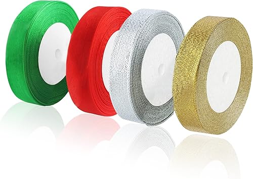 4 rollos de 150 yardas de cintas de Navidad de 45 pulgadas de ancho, cintas de organza metálicas con purpurina doradas, plateadas, rojas, verdes,
