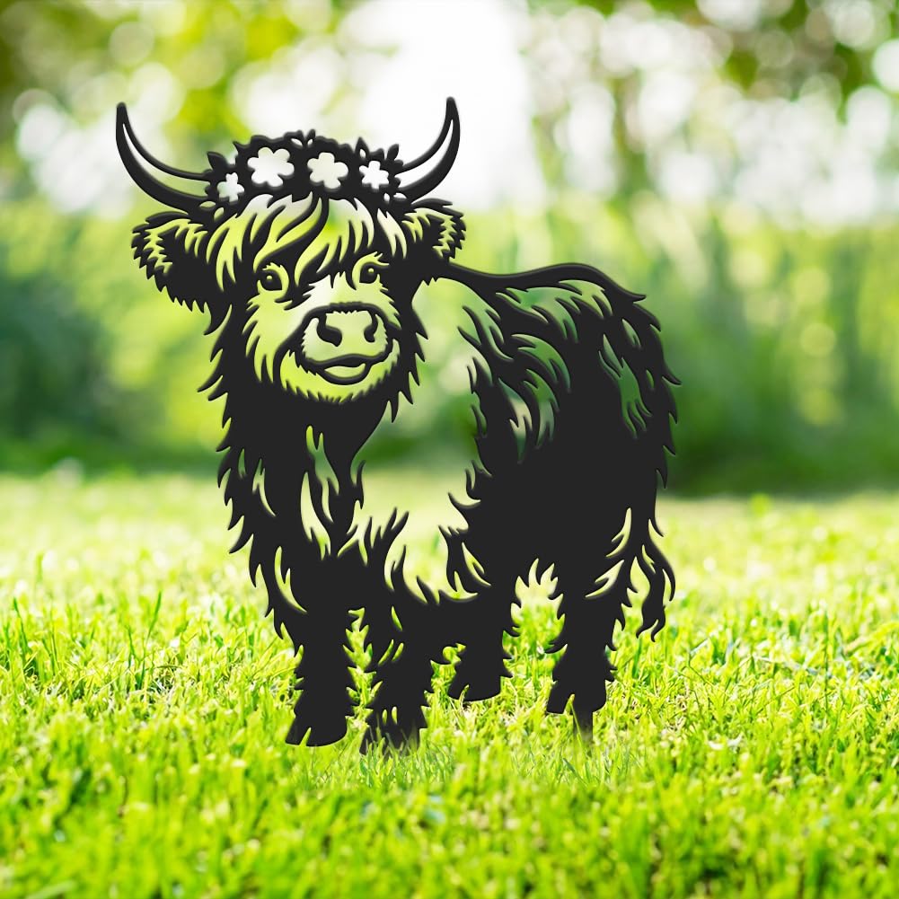 SUPERDANT Highland Cattle Garden Stake 38cm Tall Metal Cattle Yard Art Black Iron Cow Decor Large Farmhouse Lawn Sculpture Rust-Proof Outdoor Animal Silhouette for Front Yard Garden Path