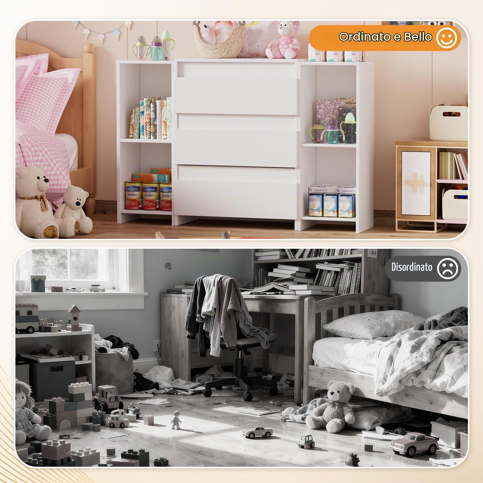 2 in 1 Fasciatoio Neonato, Cassettone con Ripiano Fasciatoio Rimovibile, Fasciatoio Cassettiera con 3 Cassetti e 6 Scomparti Aperti, per Cameretta Camera da Letto 73x70x78 cm/113x32x70 cm - Bianco