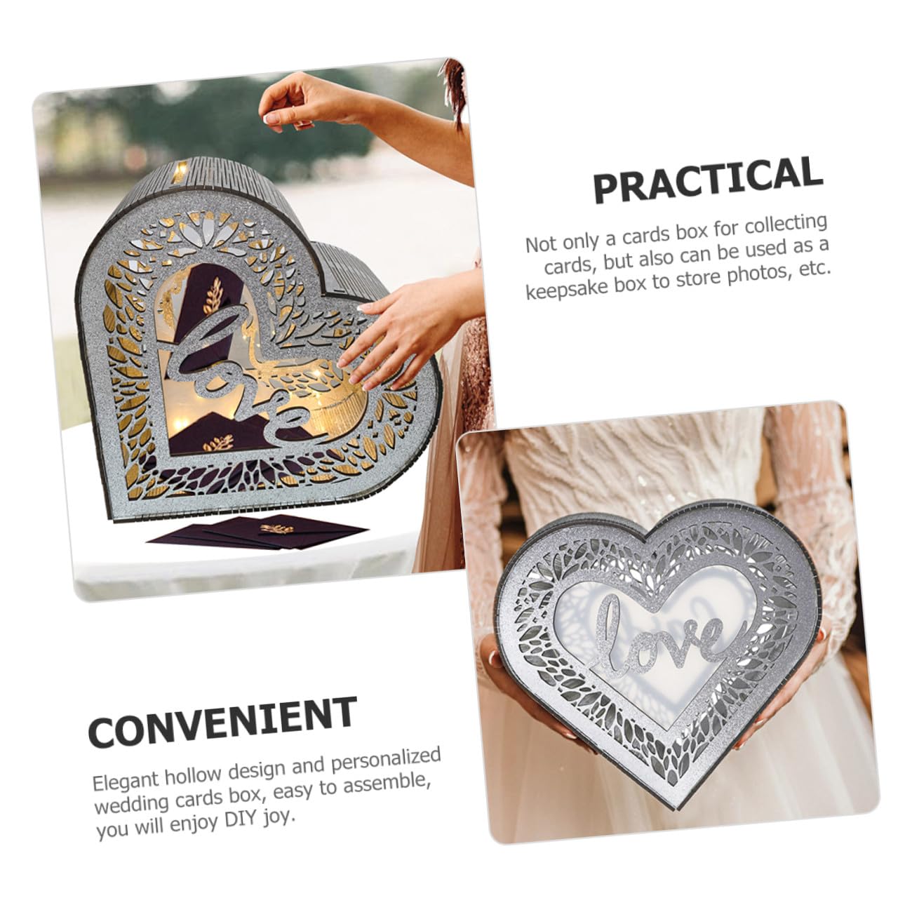 NUOBESTY Scatola di Legno Cuore Traforato per Biglietti di Benedizione, Porta Carte e Buste per Matrimonio e Anniversario, Decorazione Elegante per Festa e Ricevimento, Design Cavo Facile