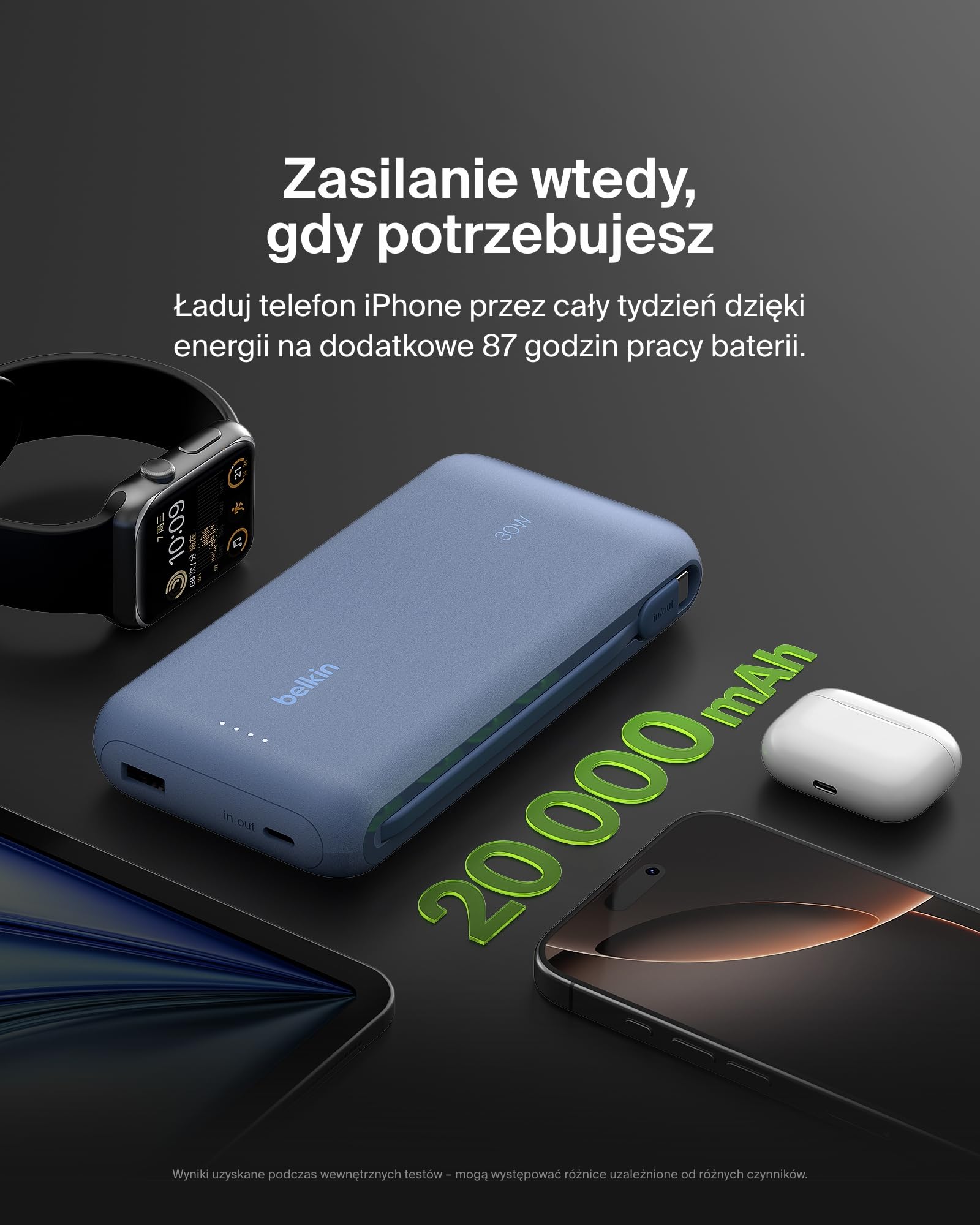 Belkin Przenośna ładowarka, powerbank 20 000 mAh PD 30 W ze zintegrowanym kablem – szybkie ładowanie USB-C Power Delivery, do urządzeń iPhone serii 16, iPad Pro, Galaxy serii S25 i innych – niebieska