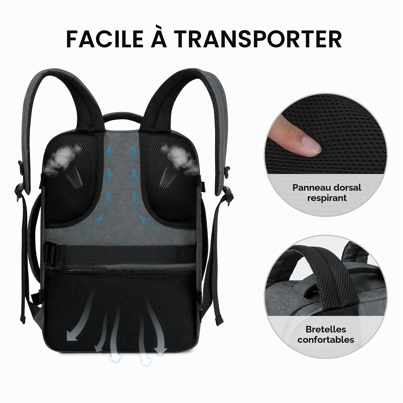 WANDF Sac à Dos Bagage à Main 45x36x20cm pour Easyjet Airlines, Sac à Main de Voyage sous Siège avec Compartiment Humide, Sac à Dos pour Ordinateur Portable 17 Pouces pour Hommes et Femmes