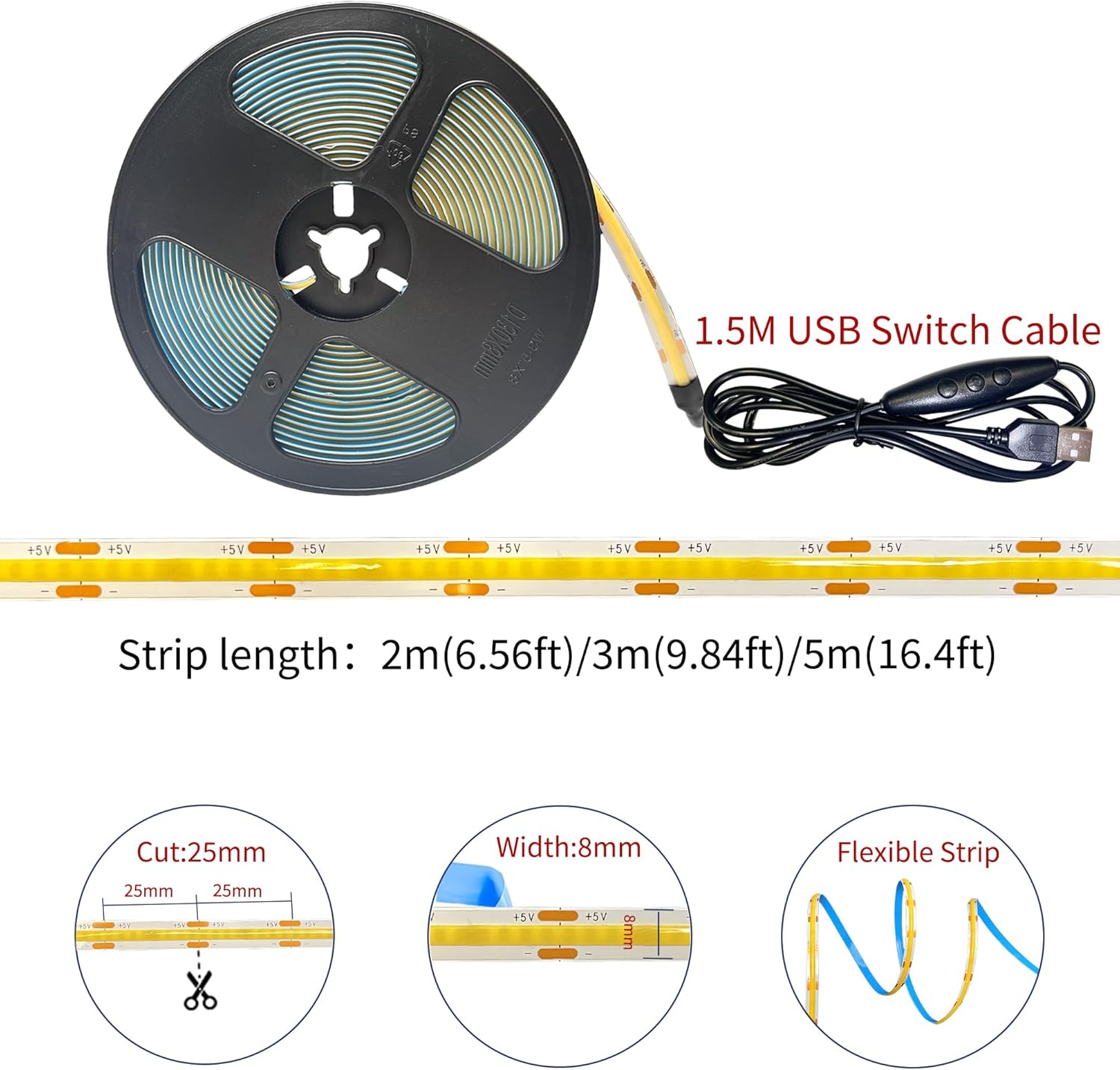 5V 8mm Width USB COB LED Strip Lights with Dimmable Switch,Cool White 6500K,320LEDs/M,8W/M,CRI90,6.56FT/2M,Electroplated Double-Sided Panel Light Strip,Waterproof IP20,for Indoor Decoration